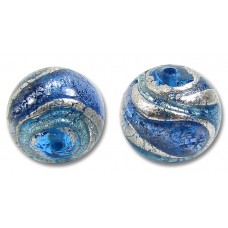1 Murano Aquamarine and Sapphire Ripple White Gold Foiled 14mm Round Bead