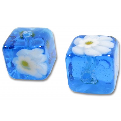 2 Murano Glass Aquamarine Millefiore 8mm Cube Beads 
