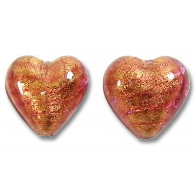 2 Murano Glass Rose Gold Foiled 14mm Heart Beads