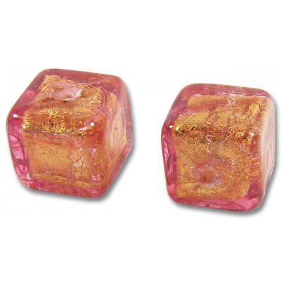 2 Murano Glass Rose Gold Foiled 8mm Cube Beads