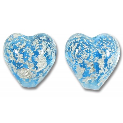 2 Murano Glass Crackle White Gold Foiled Aquamarine Blue 10mm Heart Beads