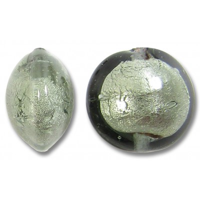 1 Murano Glass Gunmetal Grey White Gold Foiled 10mm Lentil Bead
