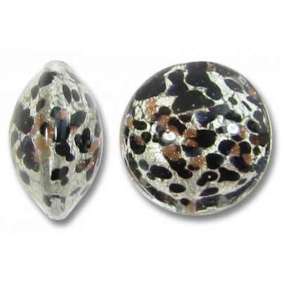 1 Murano Glass Moonlight White Gold Foiled with Black & Aventurine 14mm Lentil