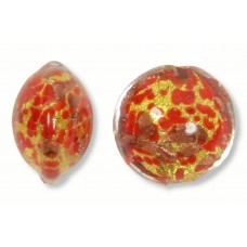 1 Murano Glass Red Gold Foiled with Aventurine 14mm Lentil Bead