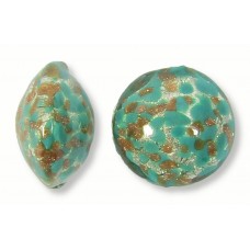 1 Murano Glass Larch Green White Gold Foiled with Aventurine 14mm Lentil Bead