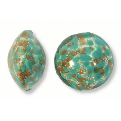 1 Murano Glass Larch Green White Gold Foiled with Aventurine 14mm Lentil Bead