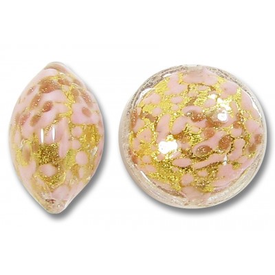 1 Murano Glass Blush Gold Foiled with Aventurine 14mm Lentil Bead