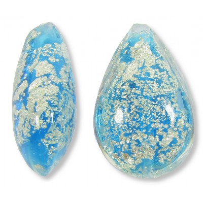 1 Murano Glass Crackle White Gold Foiled Aquamarine Blue 20mm Pear Drop