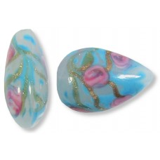 1 Murano Glass Clear Rose Soft Blue Gold Aventurine 20mm Pear Drop