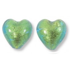 2 Murano Glass verde Emerald Gold Foiled 10mm Heart Beads.