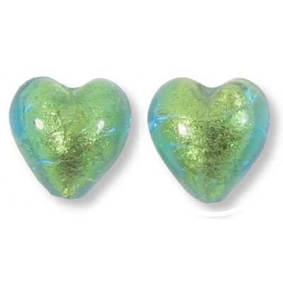 2 Murano Glass verde Emerald Gold Foiled 10mm Heart Beads.
