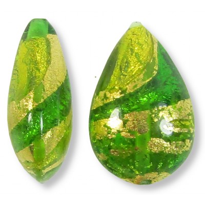 1 Murano Lime and Erba Green Ripple Gold Foiled 20mm Pear Drop