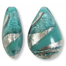 1 Murano Glass Verde Murano Glass and Turquoise Ripple White Gold Foiled 20mm Pear Drop