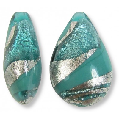 1 Murano Glass Verde Murano Glass and Turquoise Ripple White Gold Foiled 20mm Pear Drop