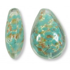 1 Murano Glass Larch Green White Gold Foiled with Aventurine 20mm Pear Drop Bead