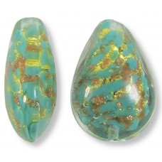 1 Murano Glass Larch Green Gold Foiled with Aventurine 20mm Pear Drop Bead