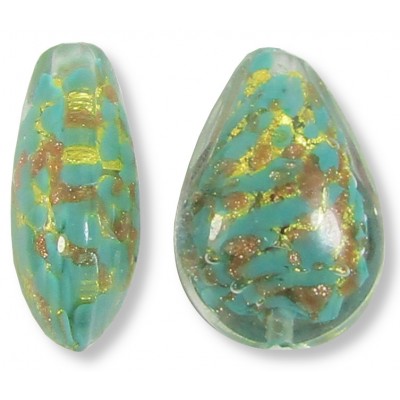 1 Murano Glass Larch Green Gold Foiled with Aventurine 20mm Pear Drop Bead