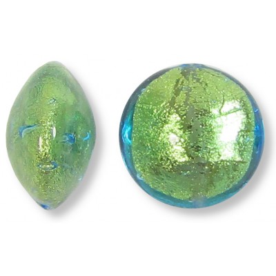 1 Murano Glass Verde Emerald Gold Foiled 14mm Lentil Bead