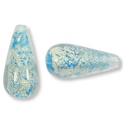 1 Murano Glass Crackle White Gold Foiled Aquamarine Blue 20mm Drop