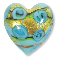 1 Murano Glass Amore Aquamarine Goldfoil & Aventurine 20mm Heart