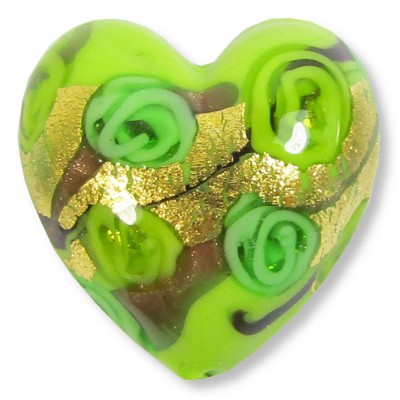 1 Murano Glass Amore Lime Goldfoil & Aventurine 20mm Heart