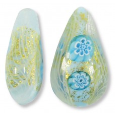 1 Murano Glass Latticino Millefiore 20mm Pear Drop Sky Blue/ 24kt Gold Foiled