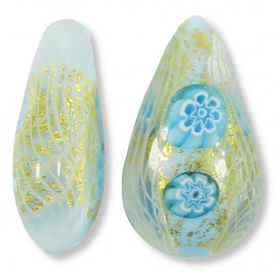 1 Murano Glass Latticino Millefiore 20mm Pear Drop Sky Blue/ 24kt Gold Foiled
