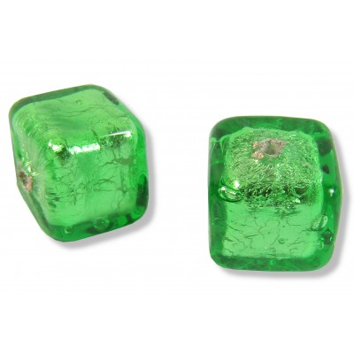 2 Murano Glass White Gold Foiled Emerald 8mm Cube Beads