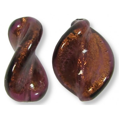 2 Murano Glass Dark Chocolate Amethyst Gold Foiled Elica Twist Beads