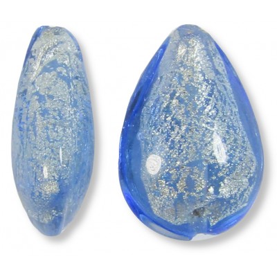 1 Murano Glass Blue Ice Crackle White Gold Foiled 20mm Pear Drop