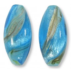 1 Murano Glass Dark Aqua Luna White Gold Foiled 24mm Olive Bead