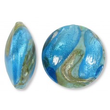 1 Murano Glass Dark Aqua Luna White Gold Foiled 26mm Lentil Bead