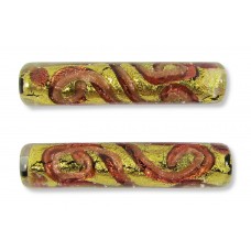 1 Murano Glass Sgraffito Rubino & Aventurine Gold Foiled 40mm Tube Bead