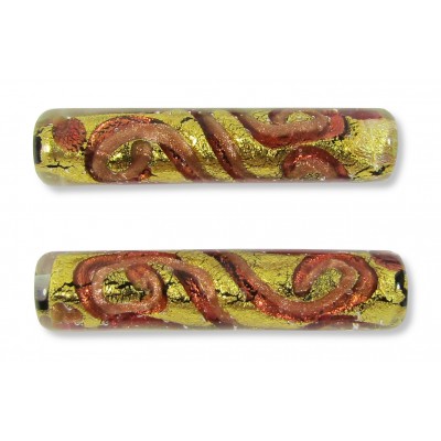 1 Murano Glass Sgraffito Rubino & Aventurine Gold Foiled 40mm Tube Bead