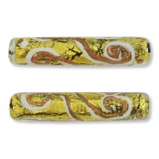 1 Murano Glass Sgraffito Ivory & Aventurine Gold Foiled 40mm Tube Bead