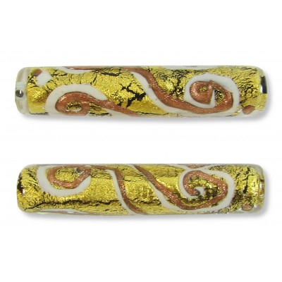 1 Murano Glass Sgraffito Ivory & Aventurine Gold Foiled 40mm Tube Bead