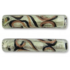 1 Murano Glass Sgraffito Black & Aventurine White Gold Foiled 40mm Tube Bead