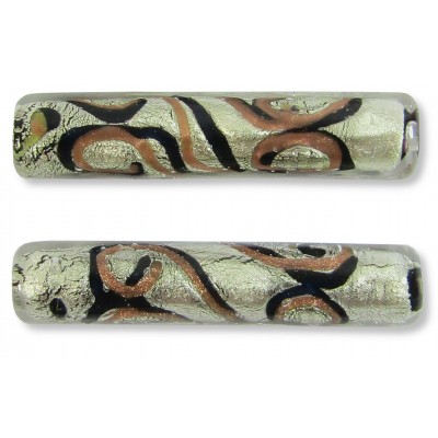 1 Murano Glass Sgraffito Black & Aventurine White Gold Foiled 40mm Tube Bead