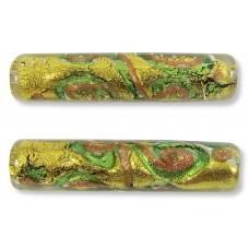 1 Murano Glass Sgraffito Light Aqua & Aventurine Gold Foiled 40mm Tube Bead