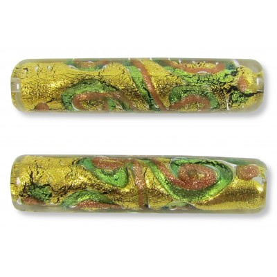 1 Murano Glass Sgraffito Light Aqua & Aventurine Gold Foiled 40mm Tube Bead