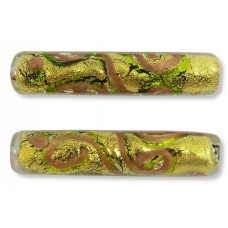 1 Murano Glass Sgraffito Light Erba Green & Aventurine Gold Foiled 40mm Tube Bead