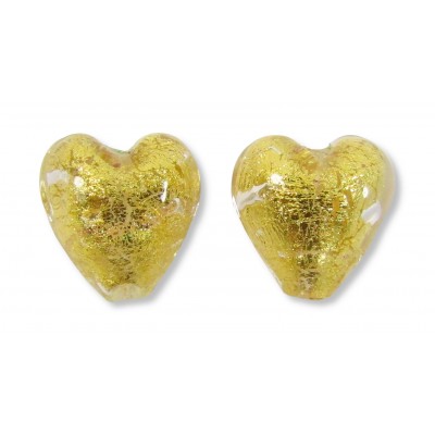 2 Murano Glass Gold Foiled Clear 10mm Heart Beads
