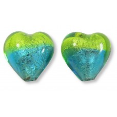 2 Murano Glass Bicolour Lime and Dark Aqua White Gold Foiled 10mm Heart Beads