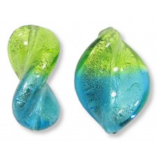 2 Murano Glass Bicolour Lime and Dark Aqua White Gold Foiled 16mm Elica Beads