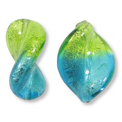 2 Murano Glass Bicolour Lime and Dark Aqua White Gold Foiled 16mm Elica Beads