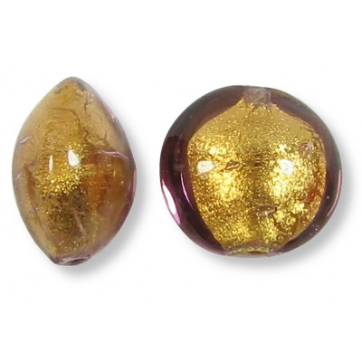 1 Murano Glass Chocolate Amethyst Gold Foiled 10mm Lentil Bead