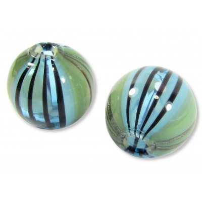 1 Murano Glass Blown 20mm Round Bead Aqua Blue Green Aventurine with Stripes