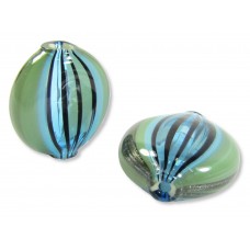 1 Murano Glass Blown 24mm Oval Lentil Bead Aqua Blue Green Aventurine with Stripes