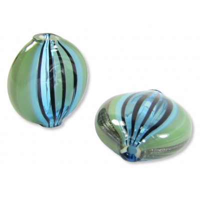 1 Murano Glass Blown 24mm Oval Lentil Bead Aqua Blue Green Aventurine with Stripes