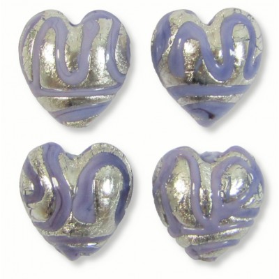 2 Murano Glass White Gold Foiled Cantare Lilac 14mm Heart Beads